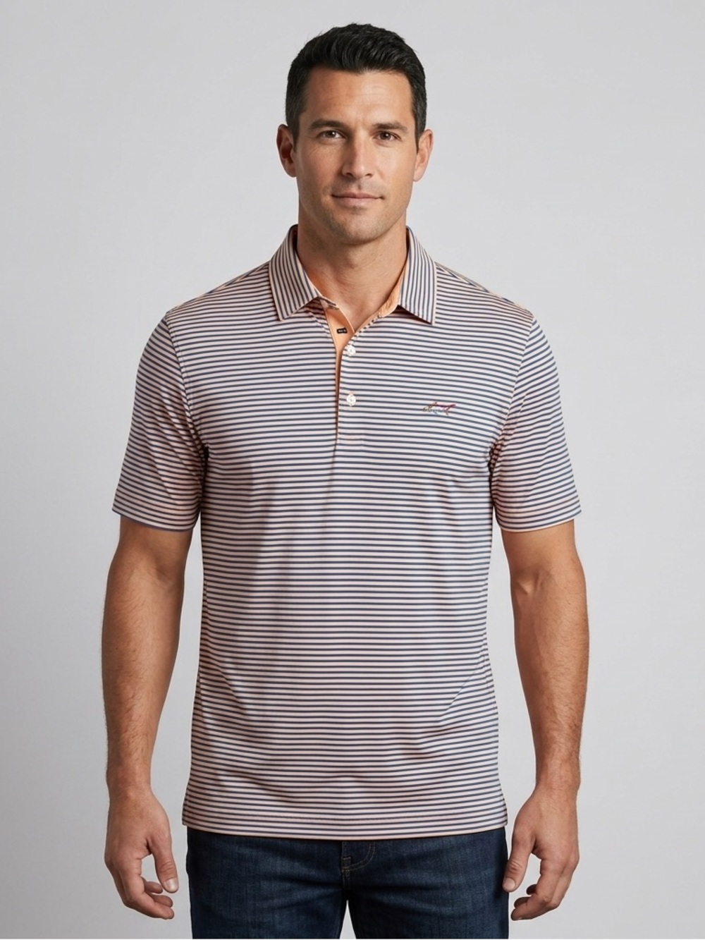 Greg Norman Play Dry Performance Golf Polo Shirt Large NWT Orange Navy Striped